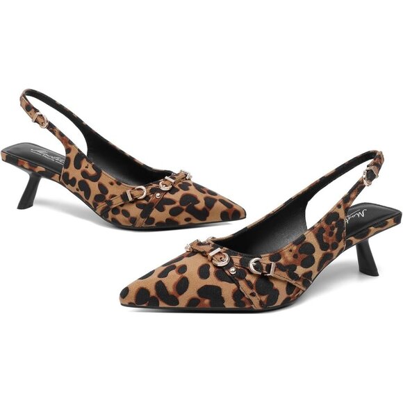 Women's Leopard 2 Pointed Toe Pumps Patent Leather Slingback Heels With Buckle - Picture 9 of 9